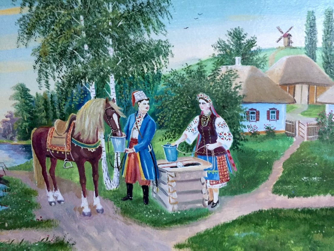 Oil painting Ukrainian naive Couple near the well - 2