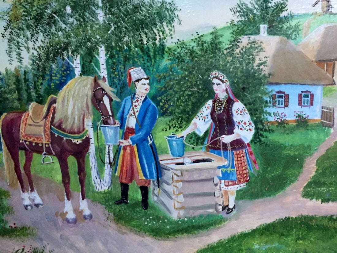 Oil painting Ukrainian naive Couple near the well - 3