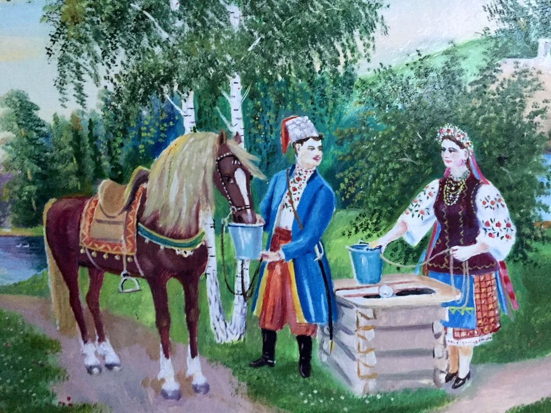Oil painting Ukrainian naive Couple near the well - 5