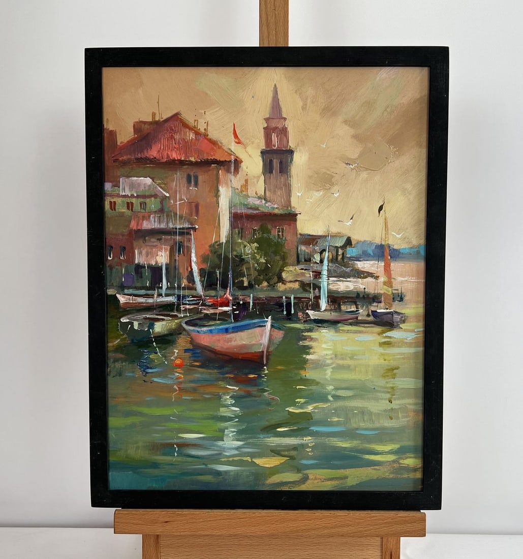 Oil painting Venice port with sunset Yuriy Suprunchuk: Title: Oil painting Venice port with sunset Yuriy Suprunchuk Description: NoAAA4442 The painting "Venice Port with Sunset" captures the timeless beauty of the Venetian waterfront bathed in the warm gl