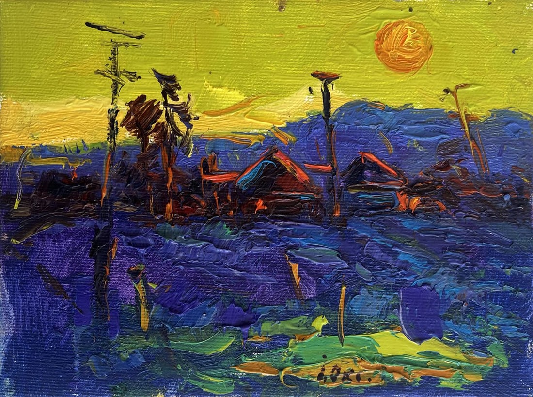 Oil painting Yellow sunset over the village Oksana Kalenyuk - 3