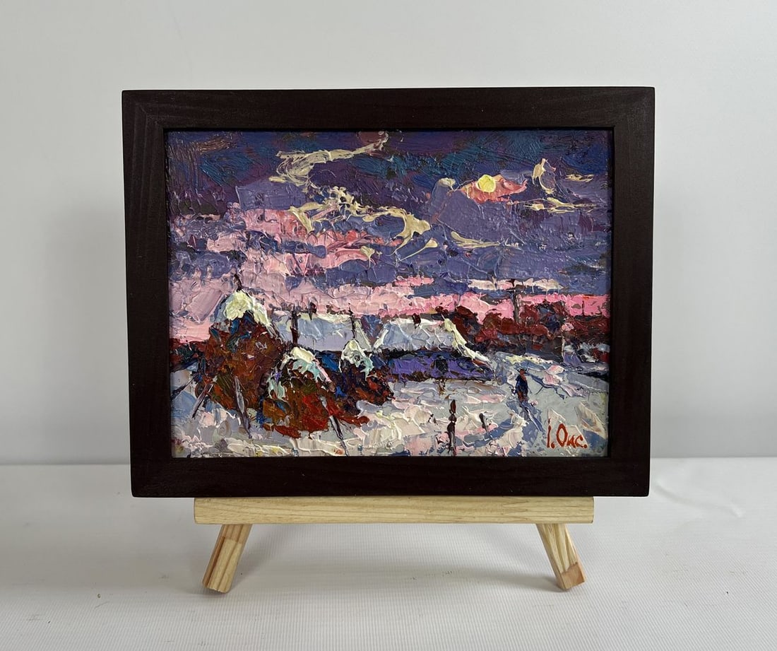 Oil painting Pink winter evening Oksana Kalenyuk: Title: Oil painting Pink winter evening Oksana Kalenyuk Description: NoAAA4494 The painting "Pink Winter Evening" is a mesmerizing depiction of a serene yet dramatic winter landscape, where the cold o