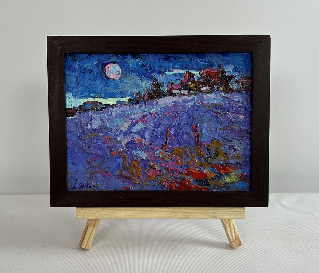 Oil painting Moonlit night in the field Oksana Kalenyuk: Title: Oil painting Moonlit night in the field Oksana Kalenyuk Description: NoAAA4500 The painting "Moonlit Night in the Field" captures the ethereal beauty of a winter landscape bathed in the soft gl