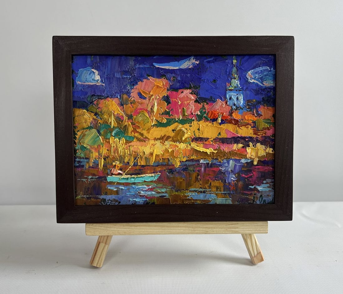Oil painting Autumn evening by the river Alex Kalenyuk: Title: Oil painting Autumn evening by the river Alex Kalenyuk Description: NoAAA4514 The painting "Autumn Evening by the River" immerses the viewer in a world of vivid colors and dynamic textures, cap