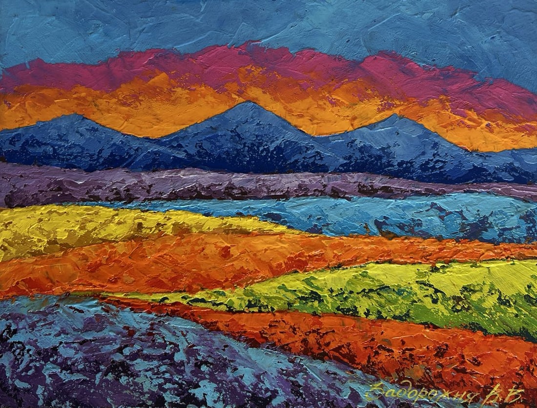 Oil painting Orange sunset behind the mountains V. Zadorozhnya - 3