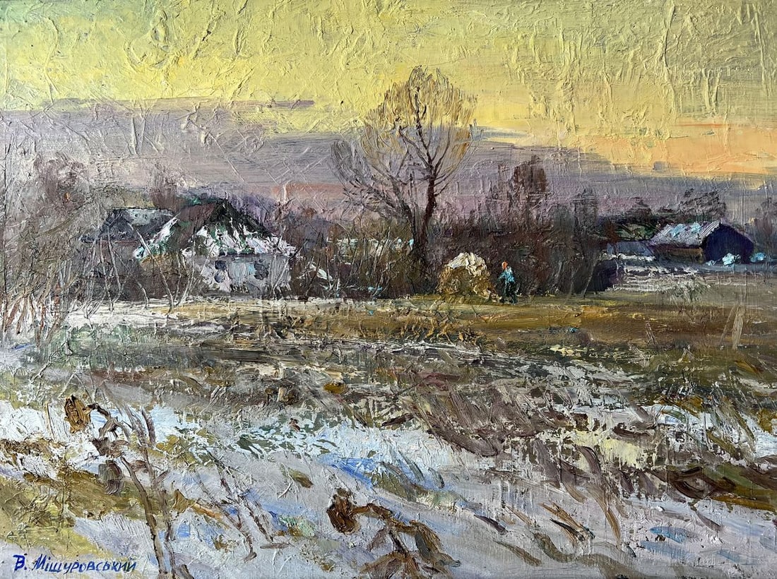 Oil painting December V. Mishurovsky: Title: Oil painting December V. Mishurovsky Description: No147"December" by Viktor Myshurovsky is a beautifully textured painting that captures the serene yet cold atmosphere of a Ukrainian village in