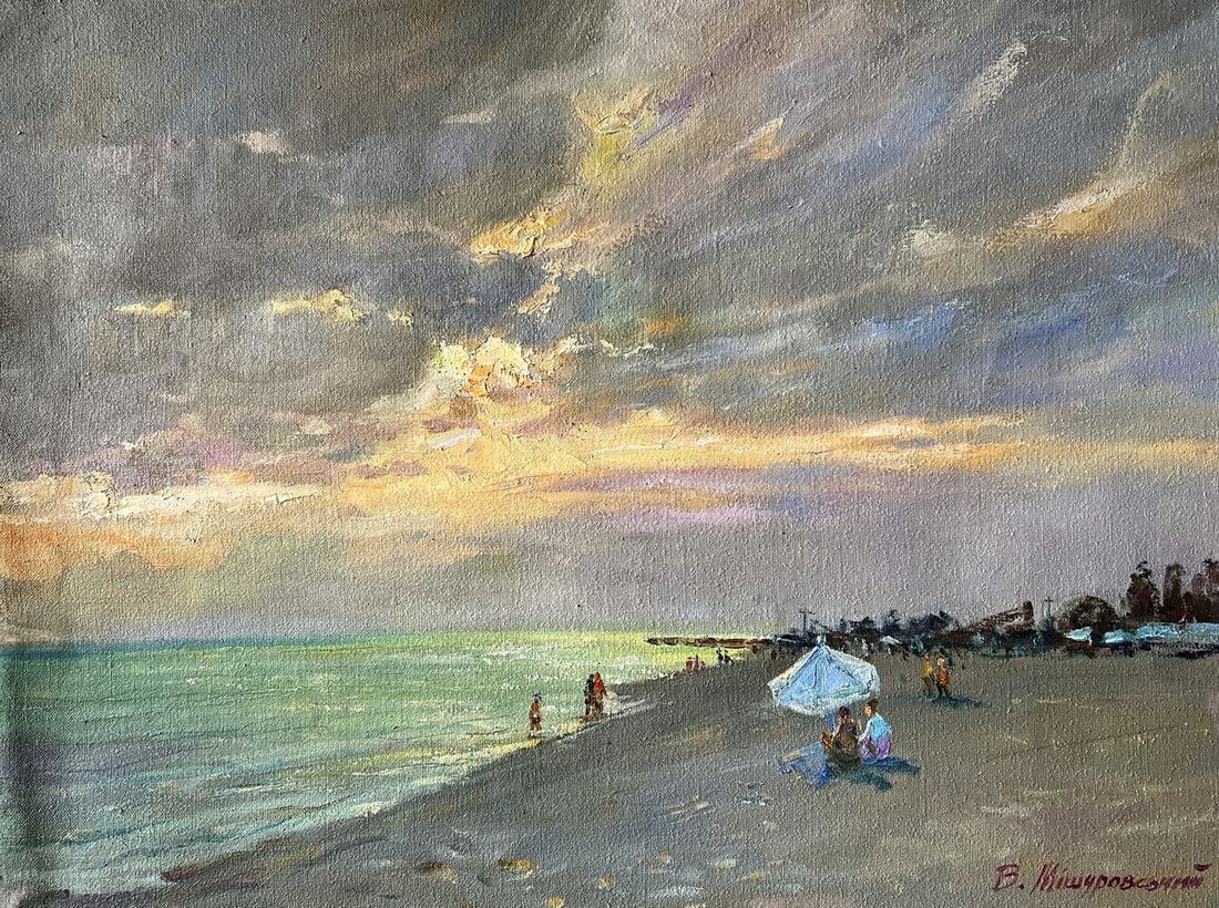 Oil painting Evening at sea V. Mishurovsky: Title: Oil painting Evening at sea V. Mishurovsky Description: No161"Evening at Sea" by Viktor Myshurovsky beautifully captures the tranquil and serene atmosphere of a beach as the sun sets. The paint