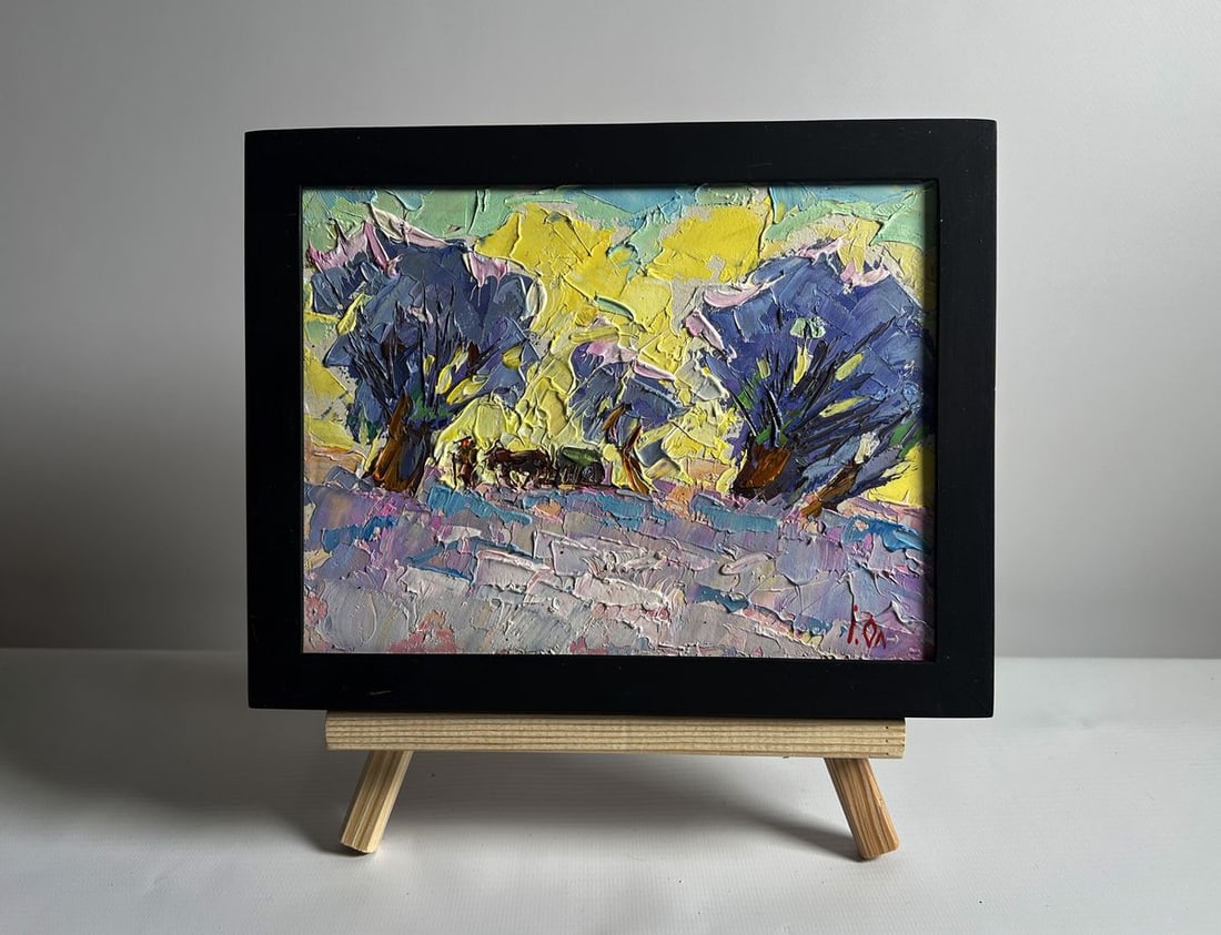 Oil painting Winter morning in the field Alex Kalenyuk: Title: Oil painting Winter morning in the field Alex Kalenyuk Description: NoAAA4075This oil painting cardboard, titled "Winter morning in the field", the composition centers around a snow-covered fie