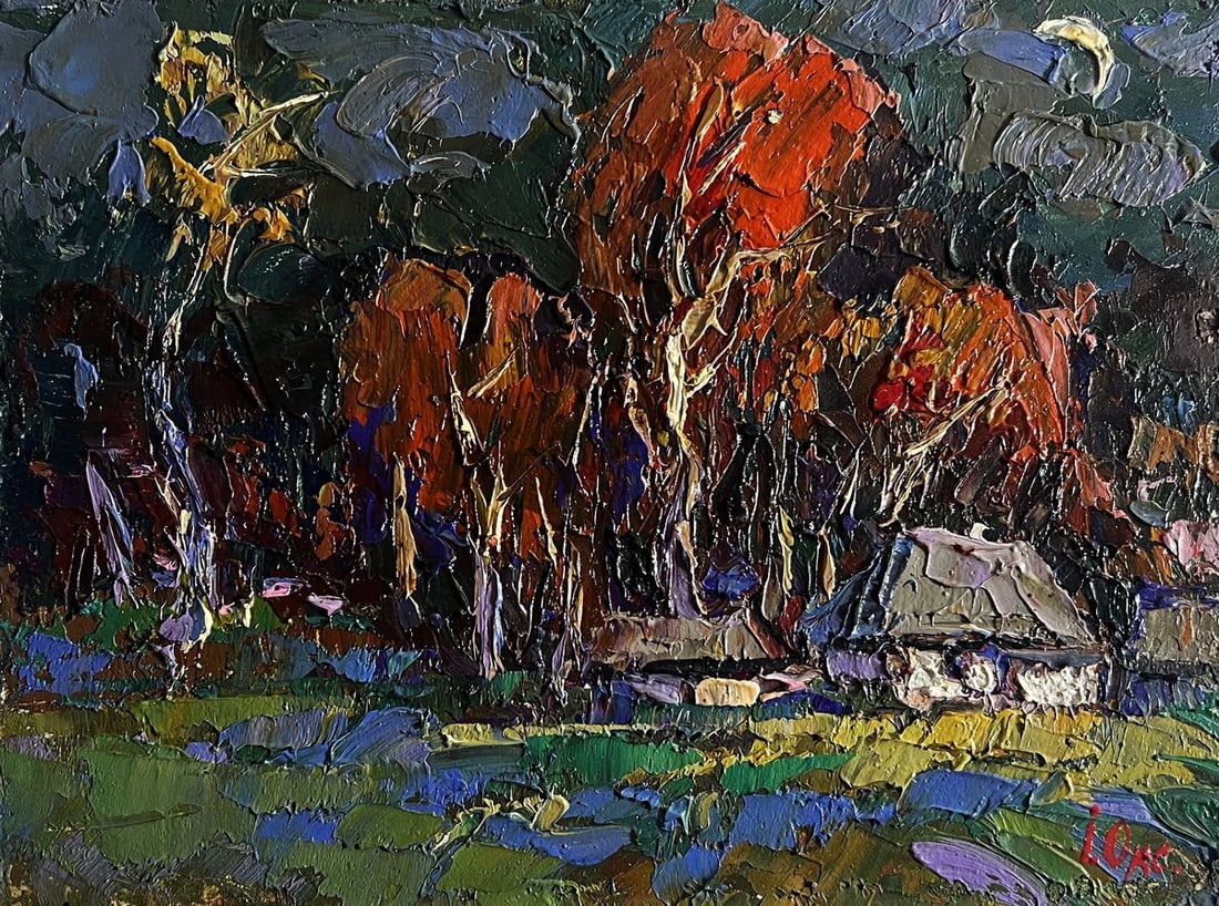 Oil painting Moon in the sky over the village Oksana Kalenyuk - 3