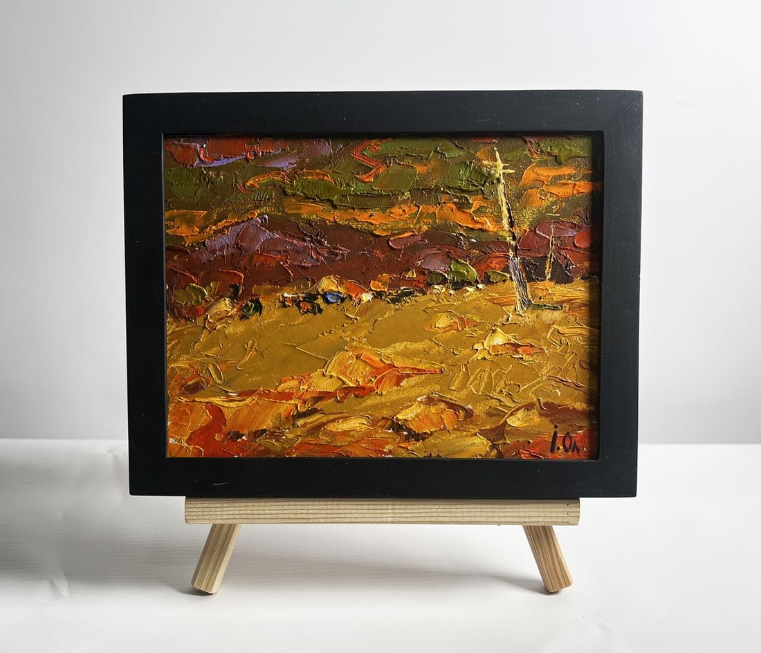 Oil painting Orange sunset over the mountains Alex Kalenyuk: Title: Oil painting Orange sunset over the mountains Alex Kalenyuk Description: NoAAA4092This oil painting cardboard, titled "Orange sunset over the mountains", the artwork is dominated by warm, earth