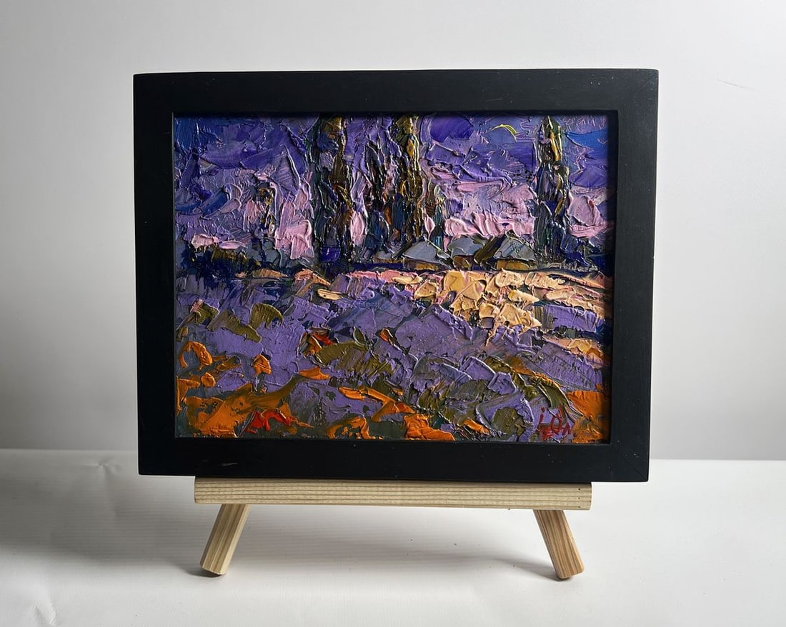 Oil painting Pink sunset on a cold day Alex Kalenyuk: Title: Oil painting Pink sunset on a cold day Alex Kalenyuk Description: NoAAA4100This oil painting cardboard, titled "Pink sunset on a cold day", the sky is awash with rich purples, deep pinks, and s