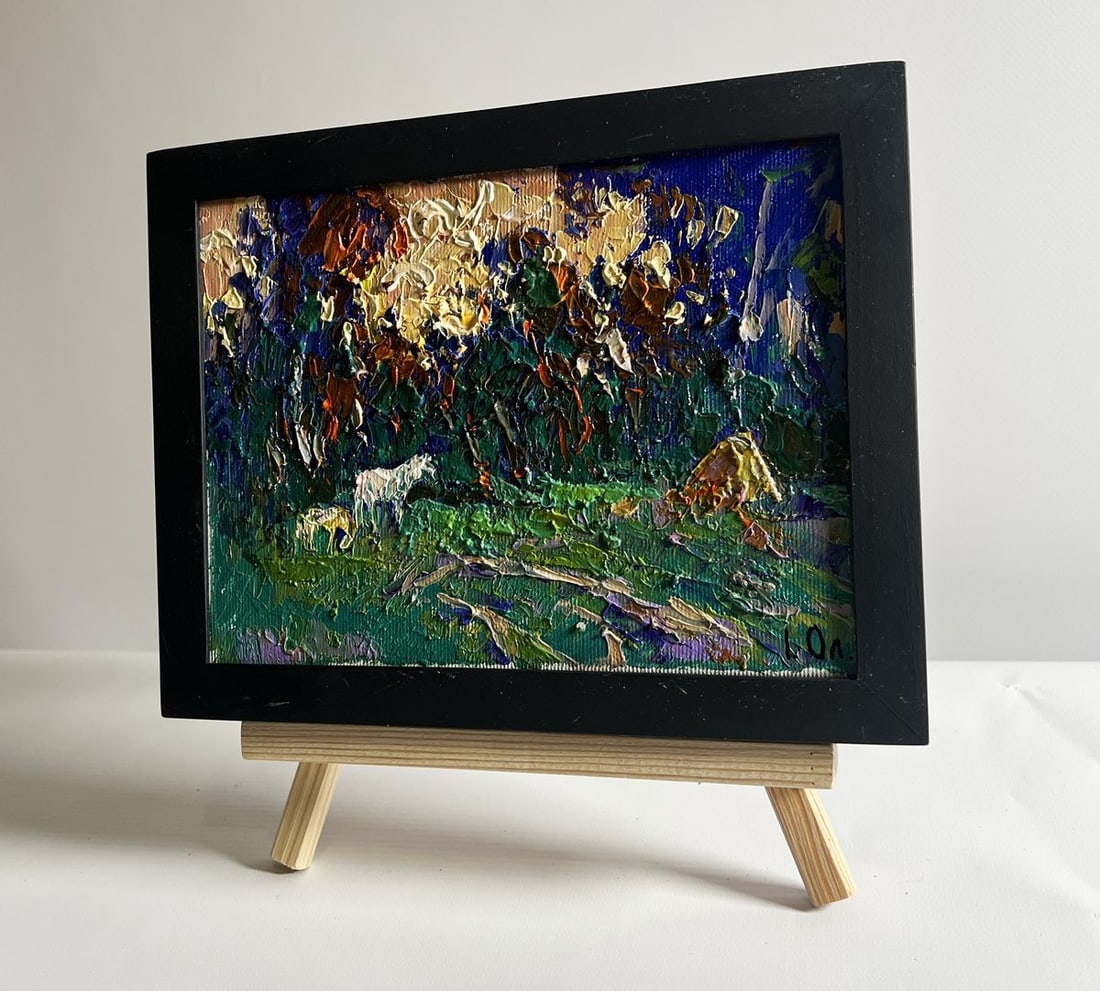 Oil painting Yellow sunset behind tree branches Alex Kalenyuk - 2