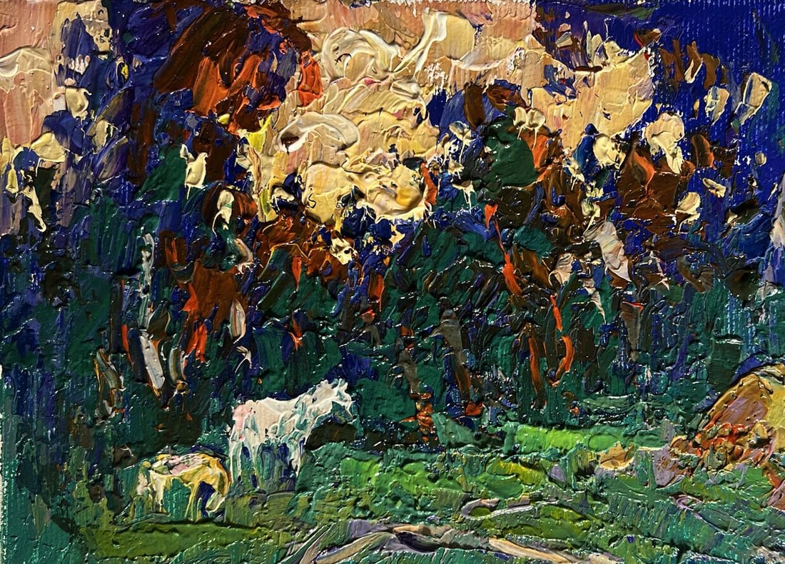 Oil painting Yellow sunset behind tree branches Alex Kalenyuk - 7