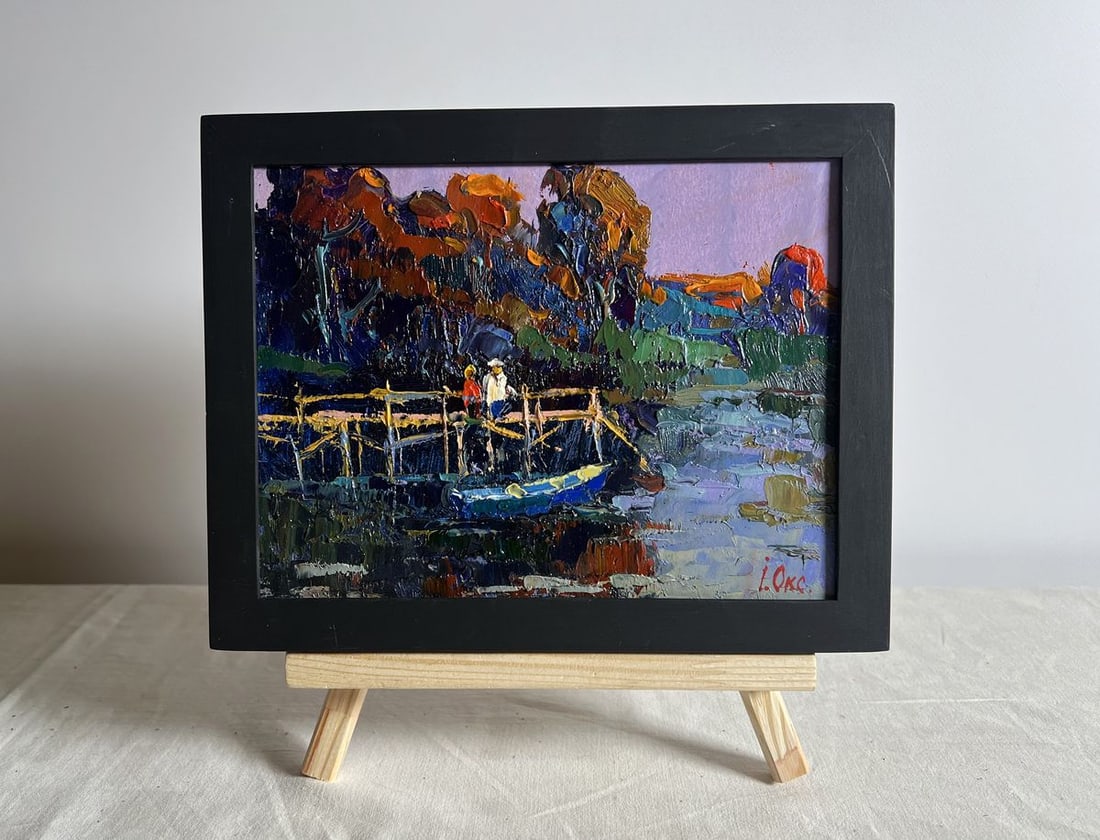 Oil painting People on the pier Oksana Kalenyuk: Title: Oil painting People on the pier Oksana Kalenyuk Description: NoAAA3881This oil painting cardboard, titled "People on the pier", The painting evokes a sense of nostalgia and peacefulness, inviti