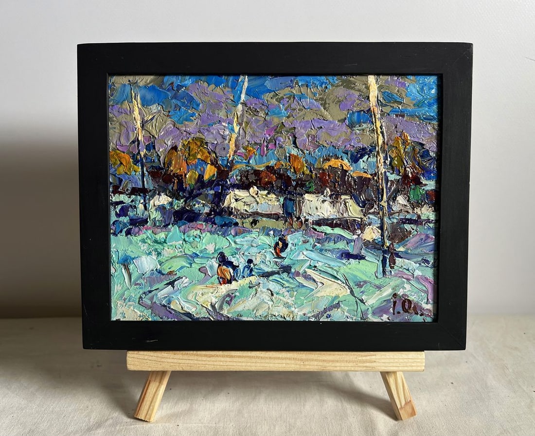 Oil painting To the house Alex Kalenyuk: Title: Oil painting To the house Alex Kalenyuk Description: NoAAA3960 The painting "To the House" captures a vivid, atmospheric landscape scene, depicting people making their way home through a winter