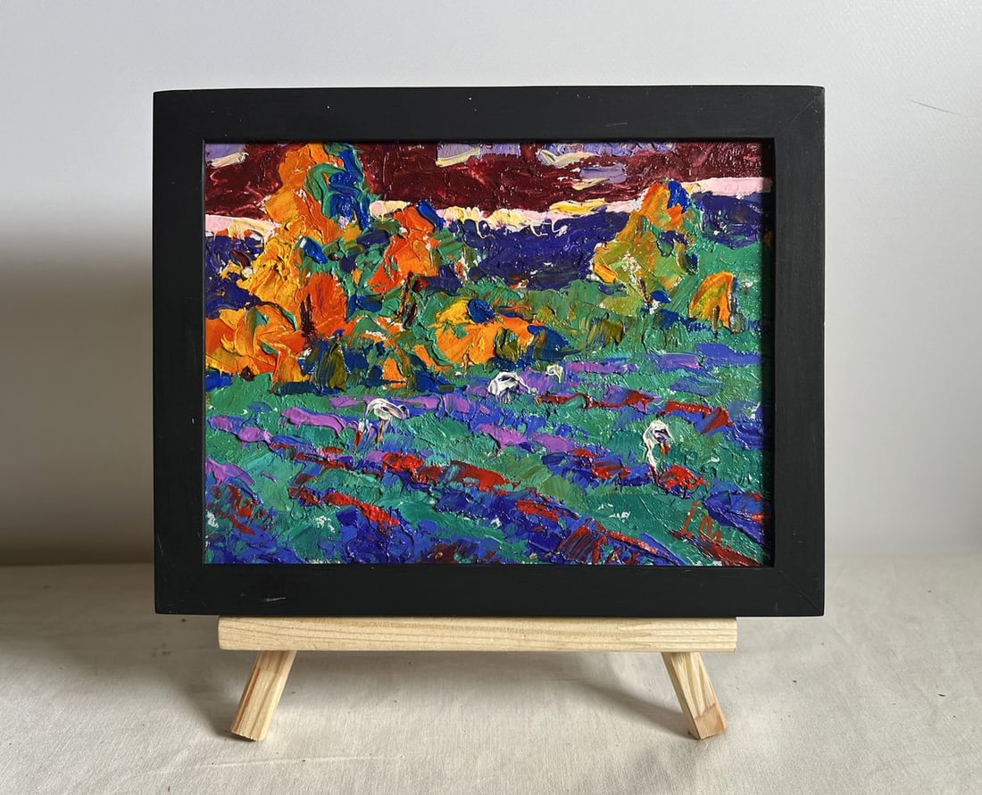 Oil painting Crimson evening in the field Alex Kalenyuk: Title: Oil painting Crimson evening in the field Alex Kalenyuk Description: NoAAA3976This oil painting cardboard, titled "Crimson evening in the field", the artist employs an expressive impasto techni