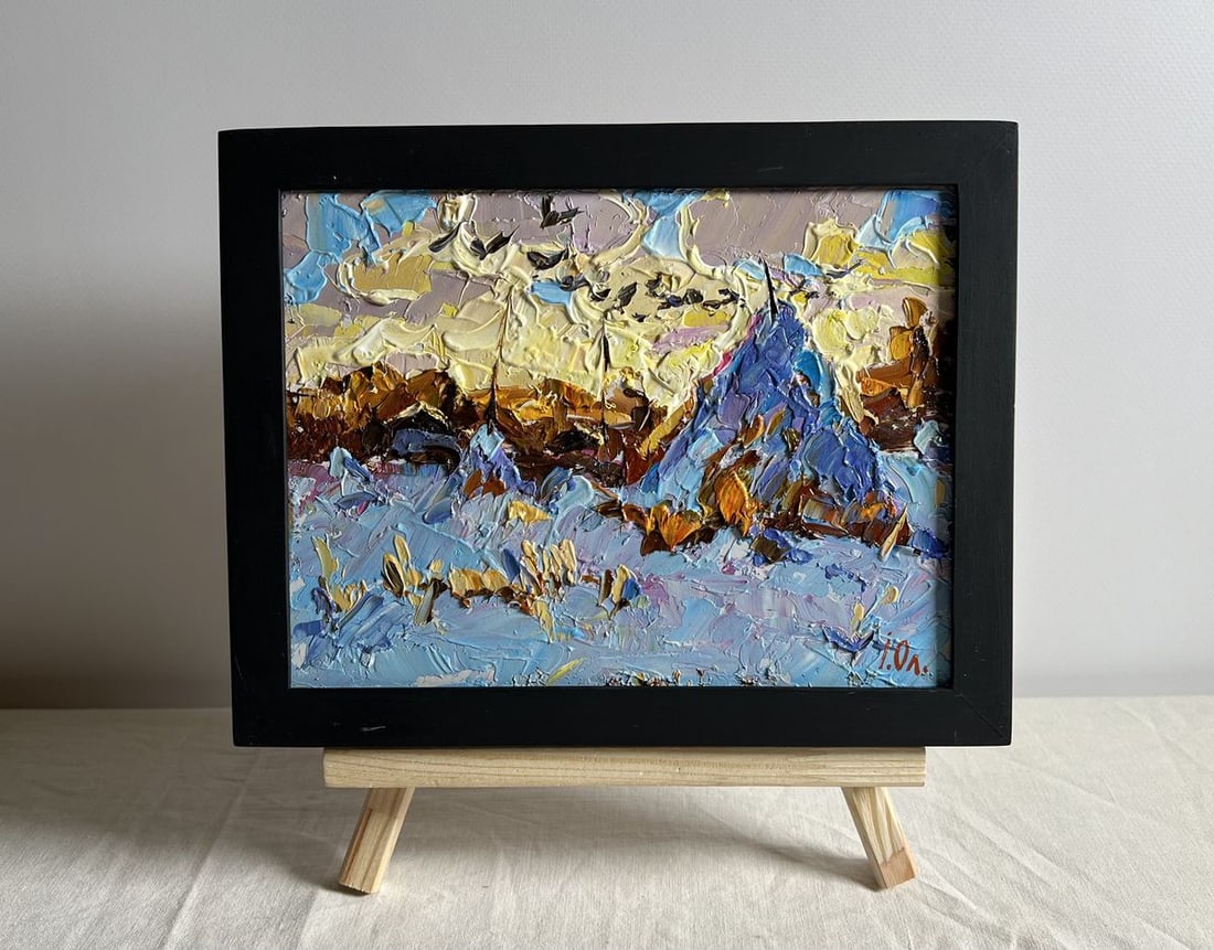 Oil painting Frosty evening Alex Kalenyuk: Title: Oil painting Frosty evening Alex Kalenyuk Description: NoAAA3983 The painting "Frosty Evening" beautifully captures the essence of a cold winter landscape at sunset, when the sky is painted wit