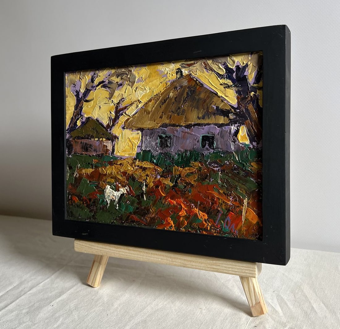 Oil painting Yellow sunset behind houses Alex Kalenyuk - 2