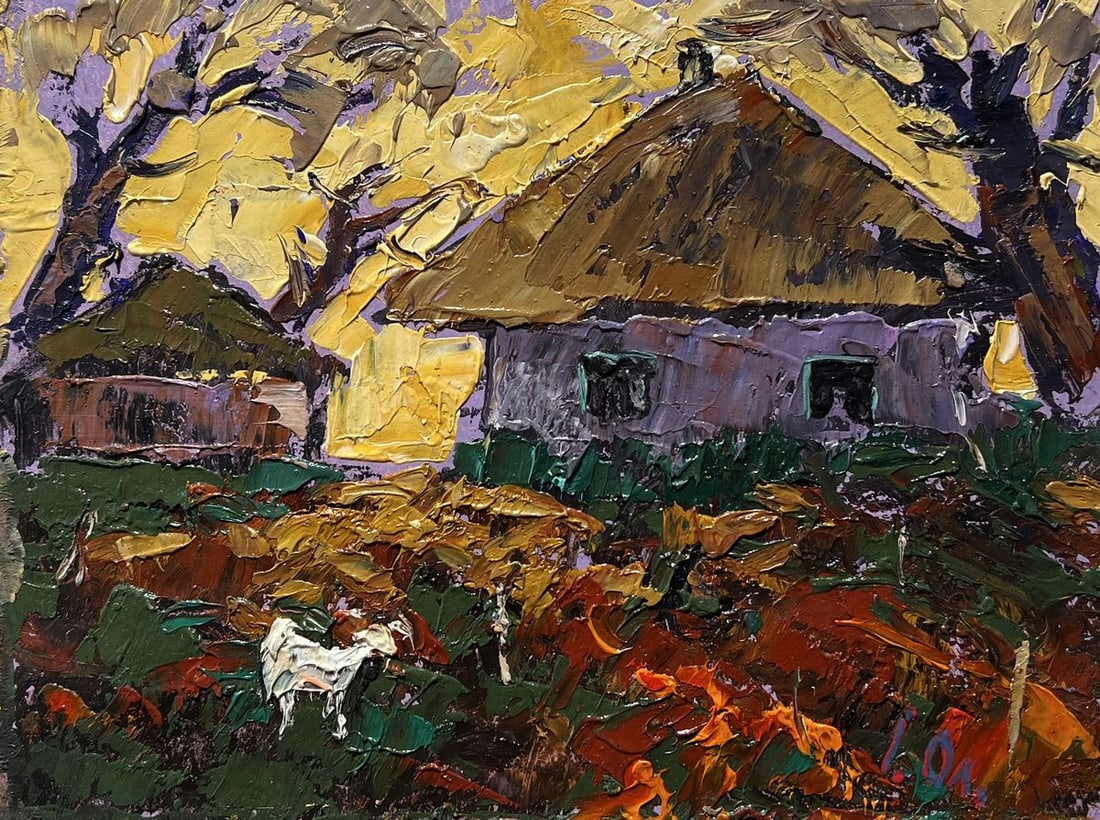 Oil painting Yellow sunset behind houses Alex Kalenyuk - 3