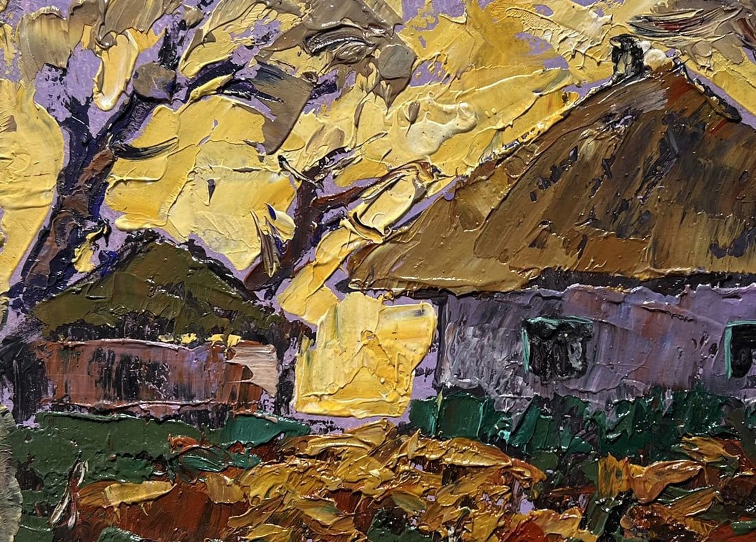 Oil painting Yellow sunset behind houses Alex Kalenyuk - 7