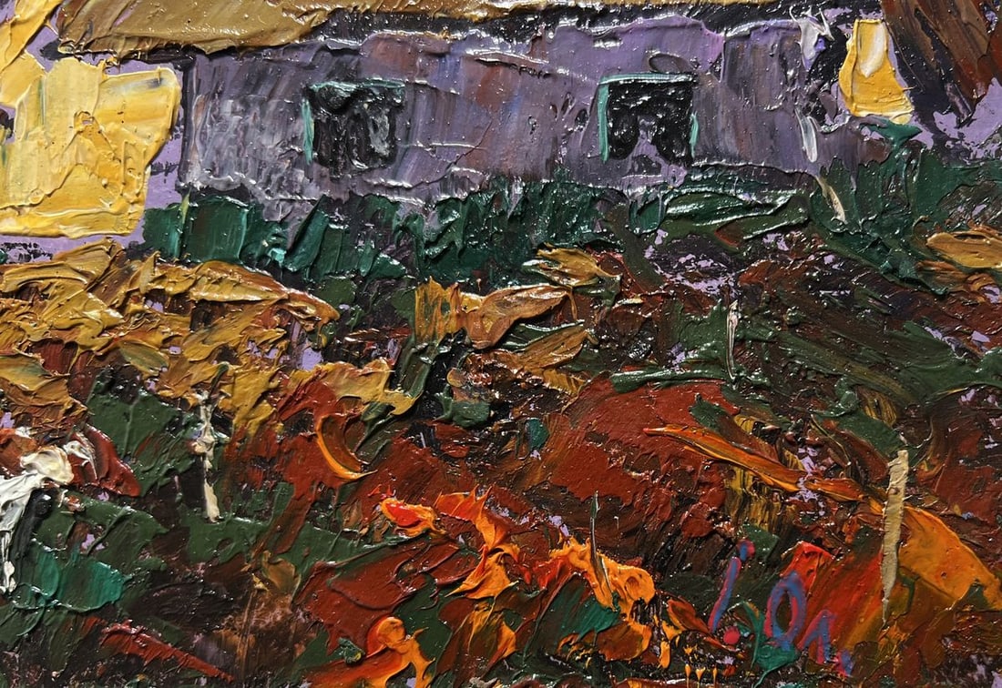 Oil painting Yellow sunset behind houses Alex Kalenyuk - 9