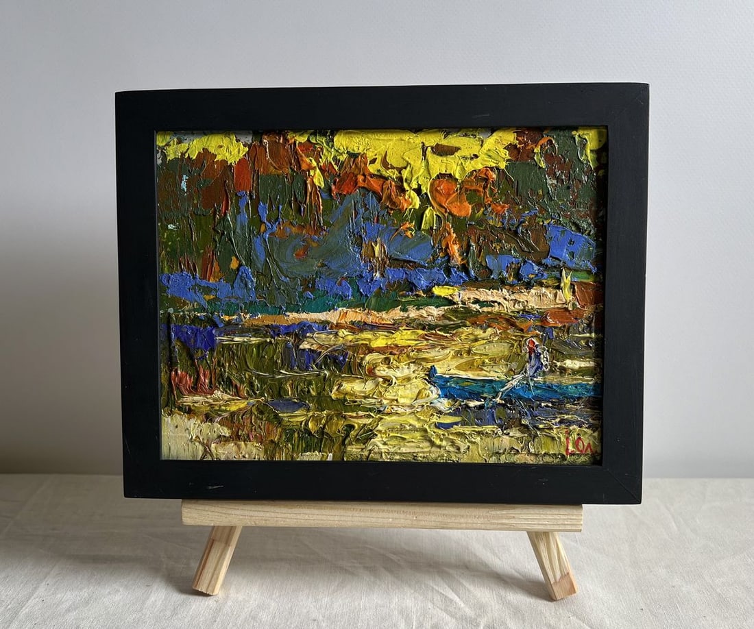 Oil painting The sun sets over the river Alex Kalenyuk: Title: Oil painting The sun sets over the river Alex Kalenyuk Description: NoAAA4029This oil painting cardboard, titled "The sun sets over the river", the artist uses thick, expressive brushstrokes an