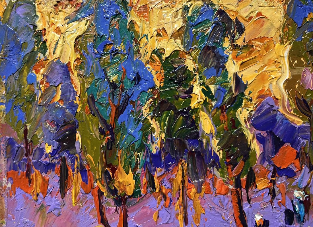 Oil painting Yellow sunset behind the trees Alex Kalenyuk - 4