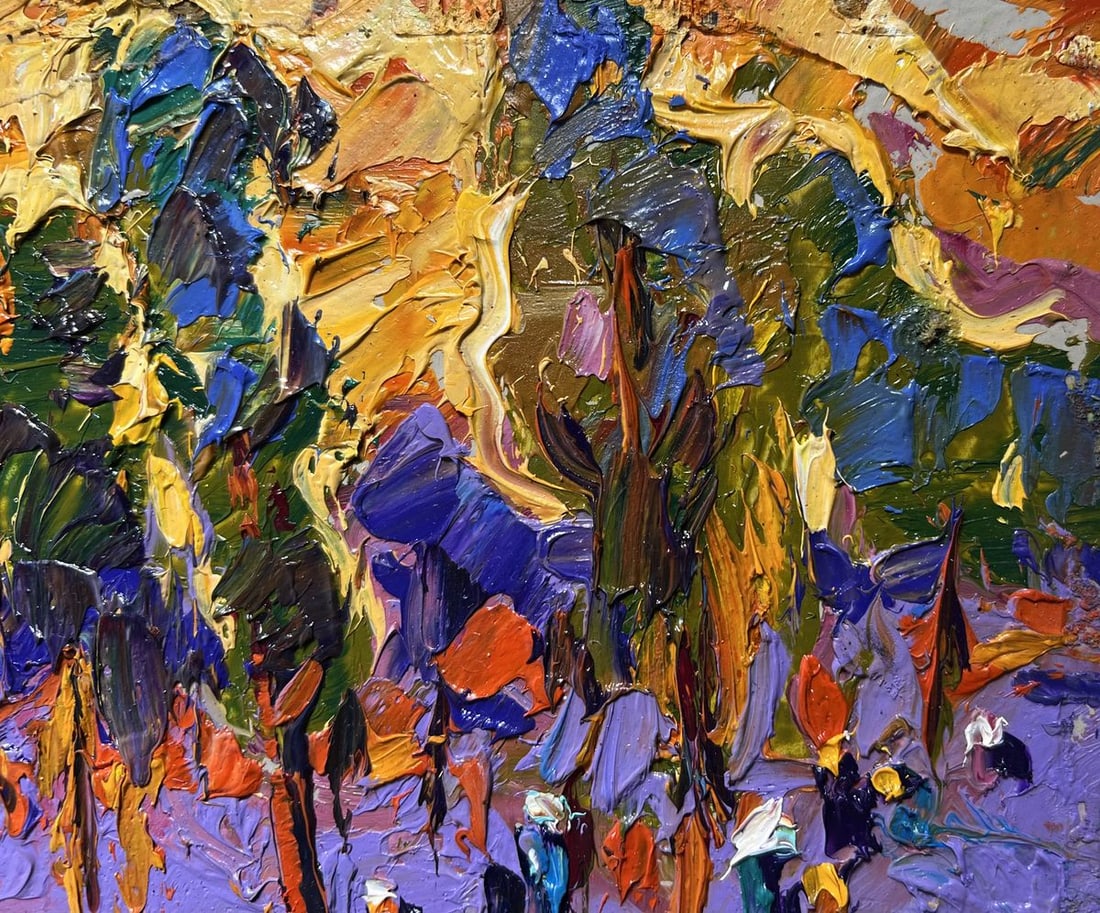 Oil painting Yellow sunset behind the trees Alex Kalenyuk - 6