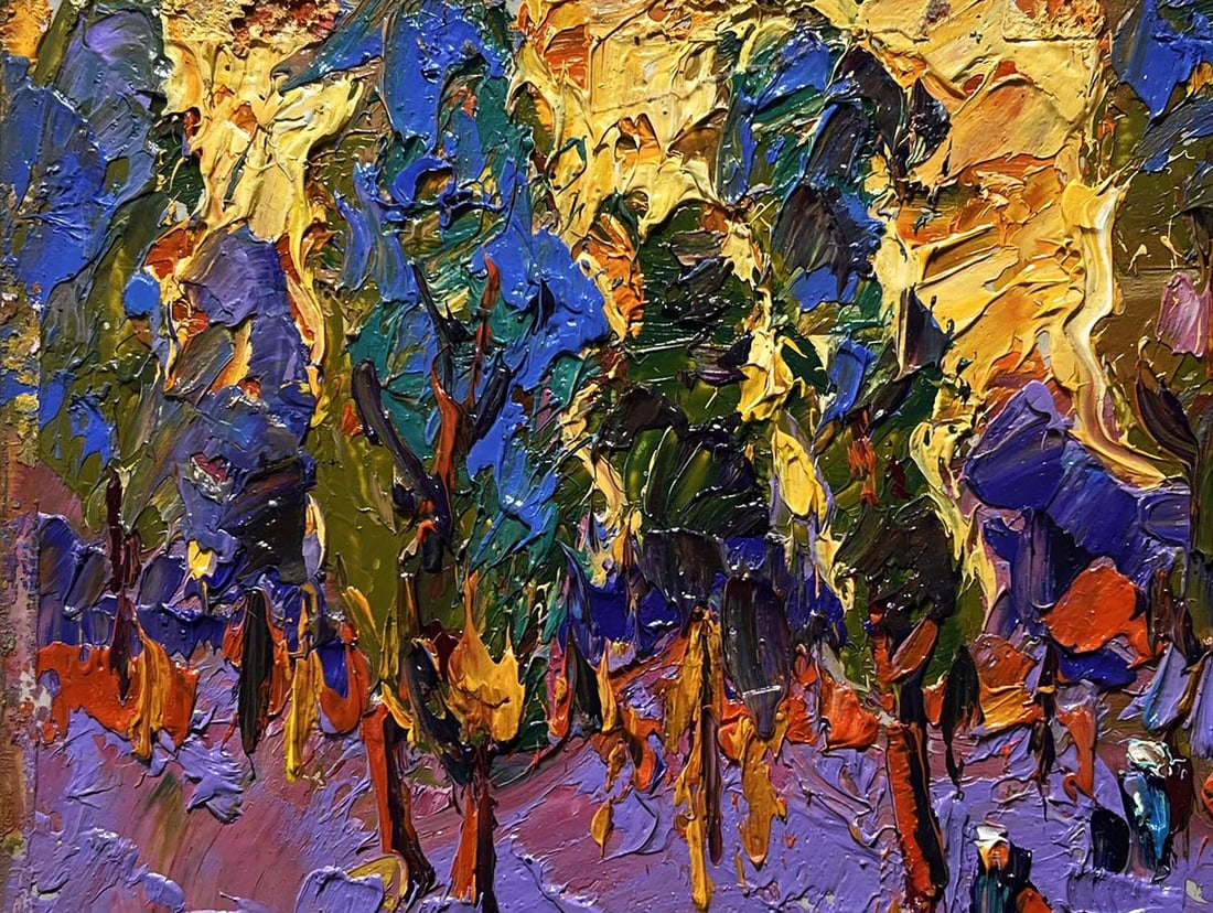 Oil painting Yellow sunset behind the trees Alex Kalenyuk - 7