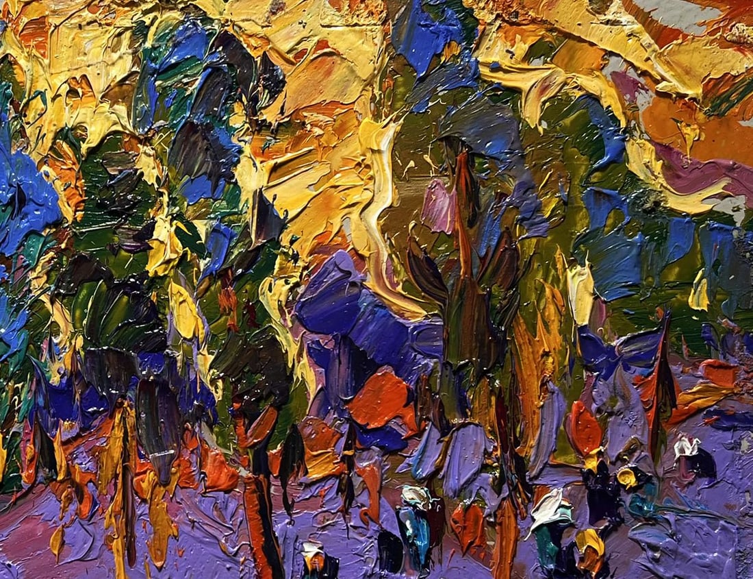 Oil painting Yellow sunset behind the trees Alex Kalenyuk - 8