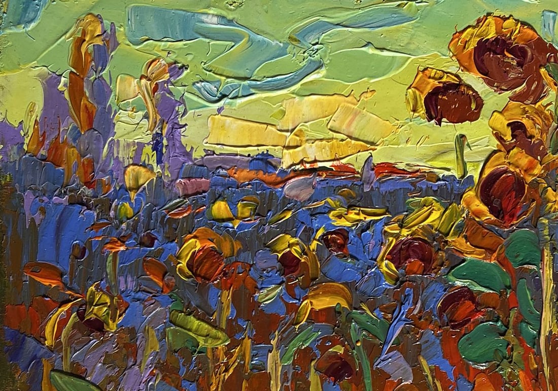 Oil painting Yellow sunset over sunflowers Alex Kalenyuk - 7