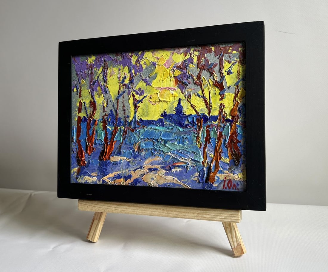 Oil painting Winter evening with yellow sunset Alex Kalenyuk - 2