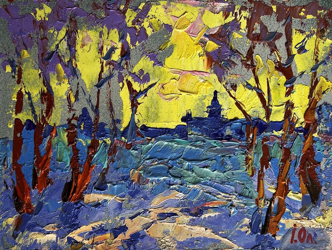 Oil painting Winter evening with yellow sunset Alex Kalenyuk - 3