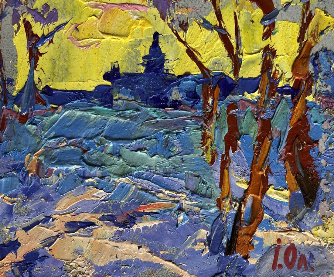 Oil painting Winter evening with yellow sunset Alex Kalenyuk - 9