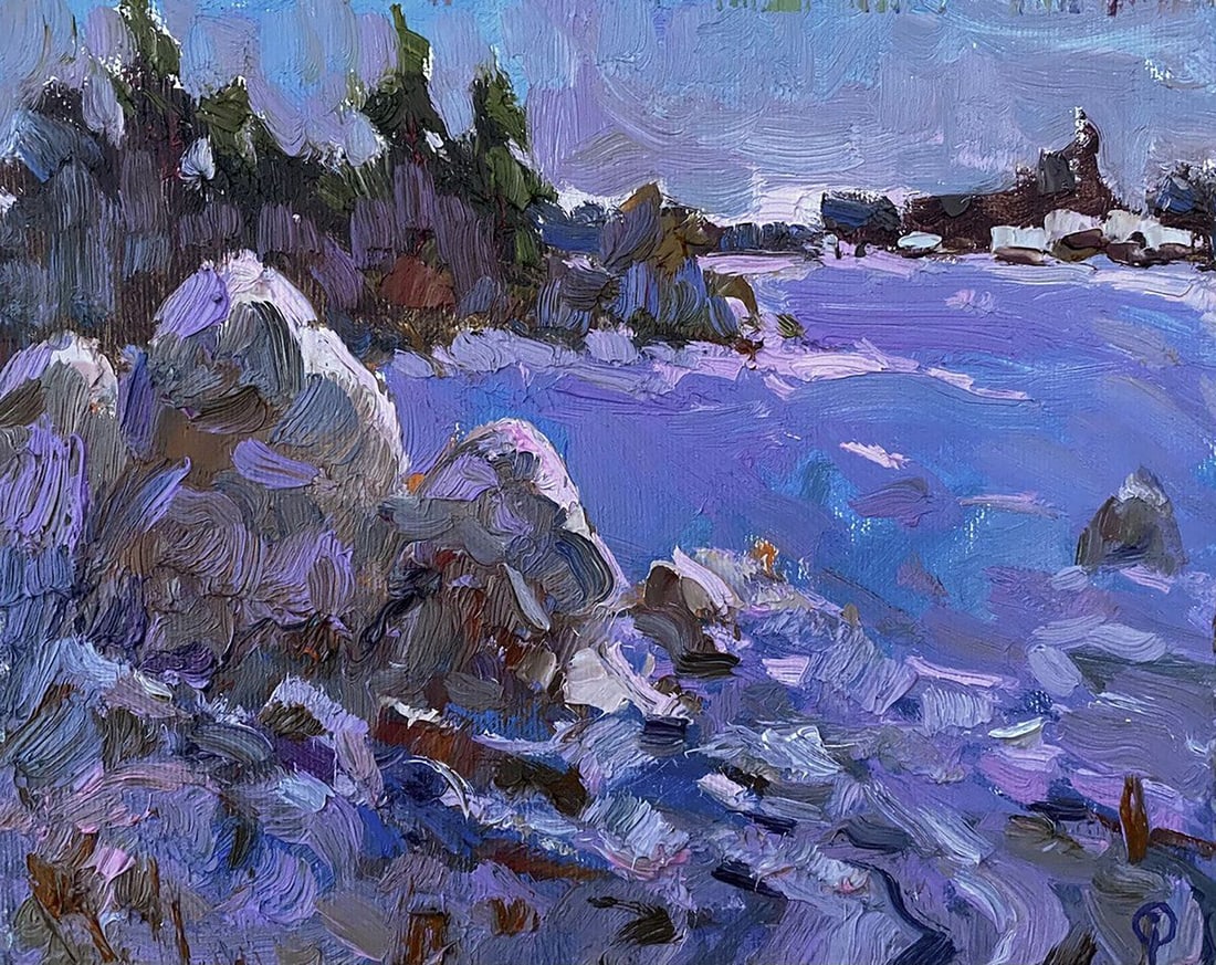 Oil painting Winter evening Oksana Kalenyuk: Title: Oil painting Winter evening Oksana Kalenyuk Description: NoKalen 1355"Winter Evening" is a captivating oil painting that beautifully captures the serene and quiet beauty of a winter landscape a