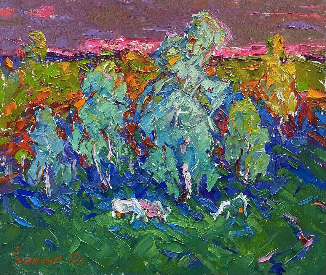 Oil painting In the shade of birch trees Alex Kalenyuk: Title: Oil painting In the shade of birch trees Alex Kalenyuk Description: NoKalen 1382"In the Shade of Birch Trees" is a dynamic and vibrant painting that captures the essence of a serene landscape b