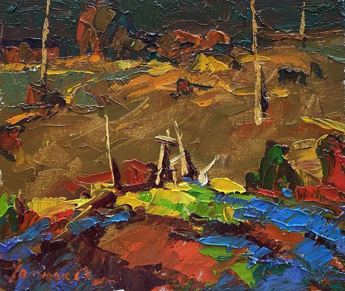 Oil painting In the evening Alex Kalenyuk: Title: Oil painting In the evening Alex Kalenyuk Description: NoKalen 1404 The painting "In the Evening" captures the essence of a tranquil rural landscape during the golden hour, just as the sun is