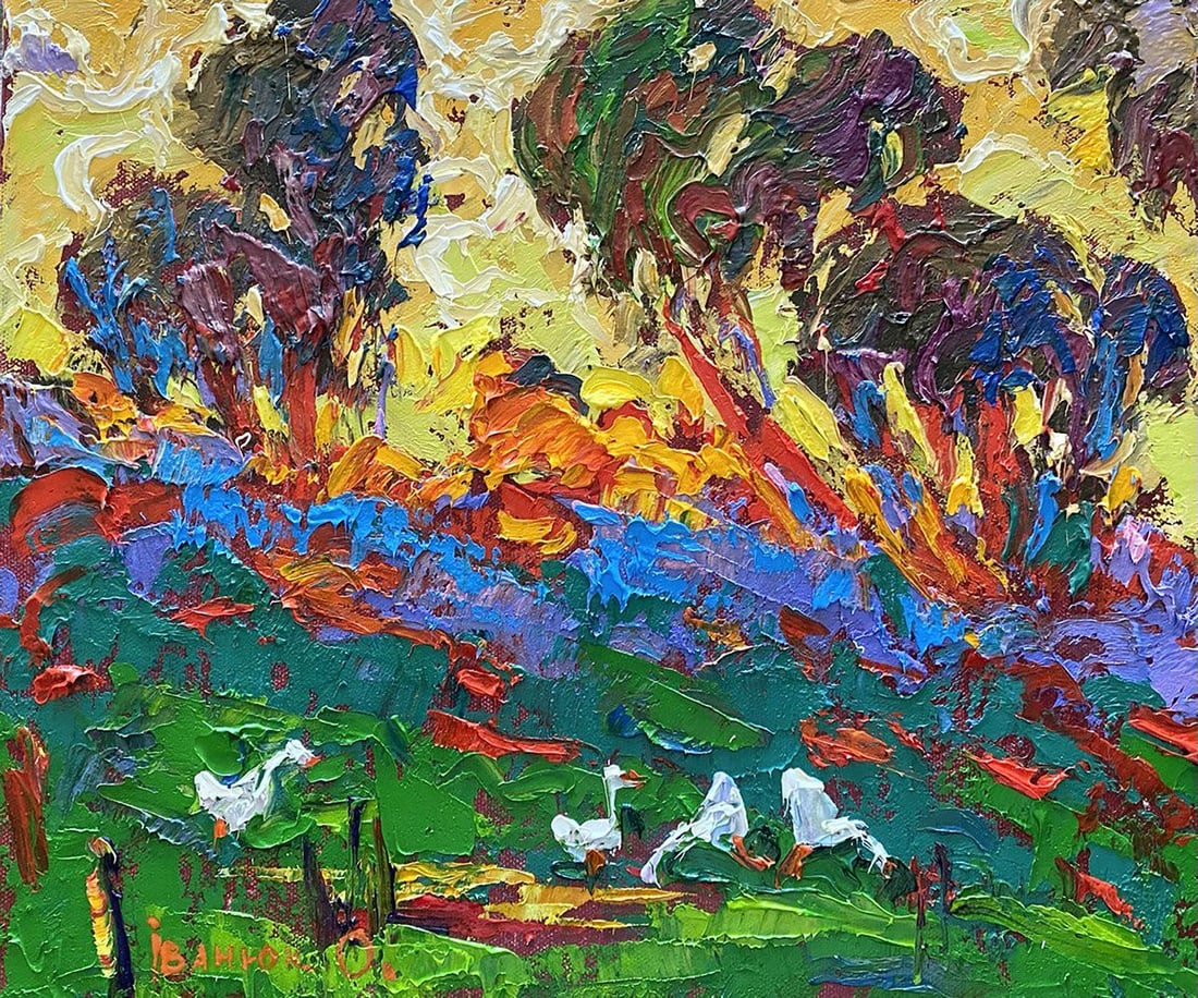 Oil painting In a green field Alex Kalenyuk: Title: Oil painting In a green field Alex Kalenyuk Description: NoKalen 1414 The painting "In a Green Field" radiates vibrancy and energy, depicting a dynamic natural landscape filled with bright, bol