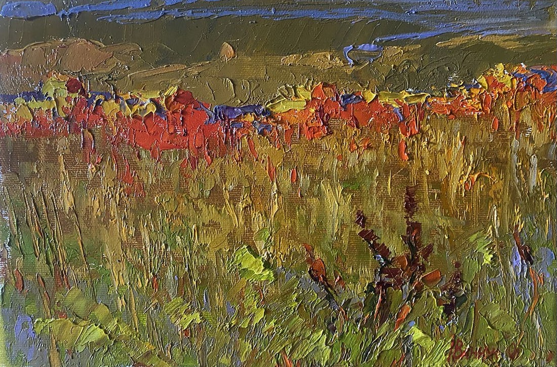 Oil painting Step to the horizon Alex Kalenyuk: Title: Oil painting Step to the horizon Alex Kalenyuk Description: NoKalen 1424 The painting "Step to the Horizon" presents a vivid depiction of a vast field stretching endlessly towards a distant hor