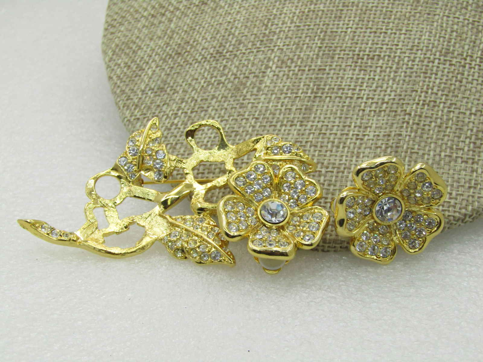 Vintage Joan Rivers Floral Duo Earrings Brooch Convertible, Clear Stones 3" - 2