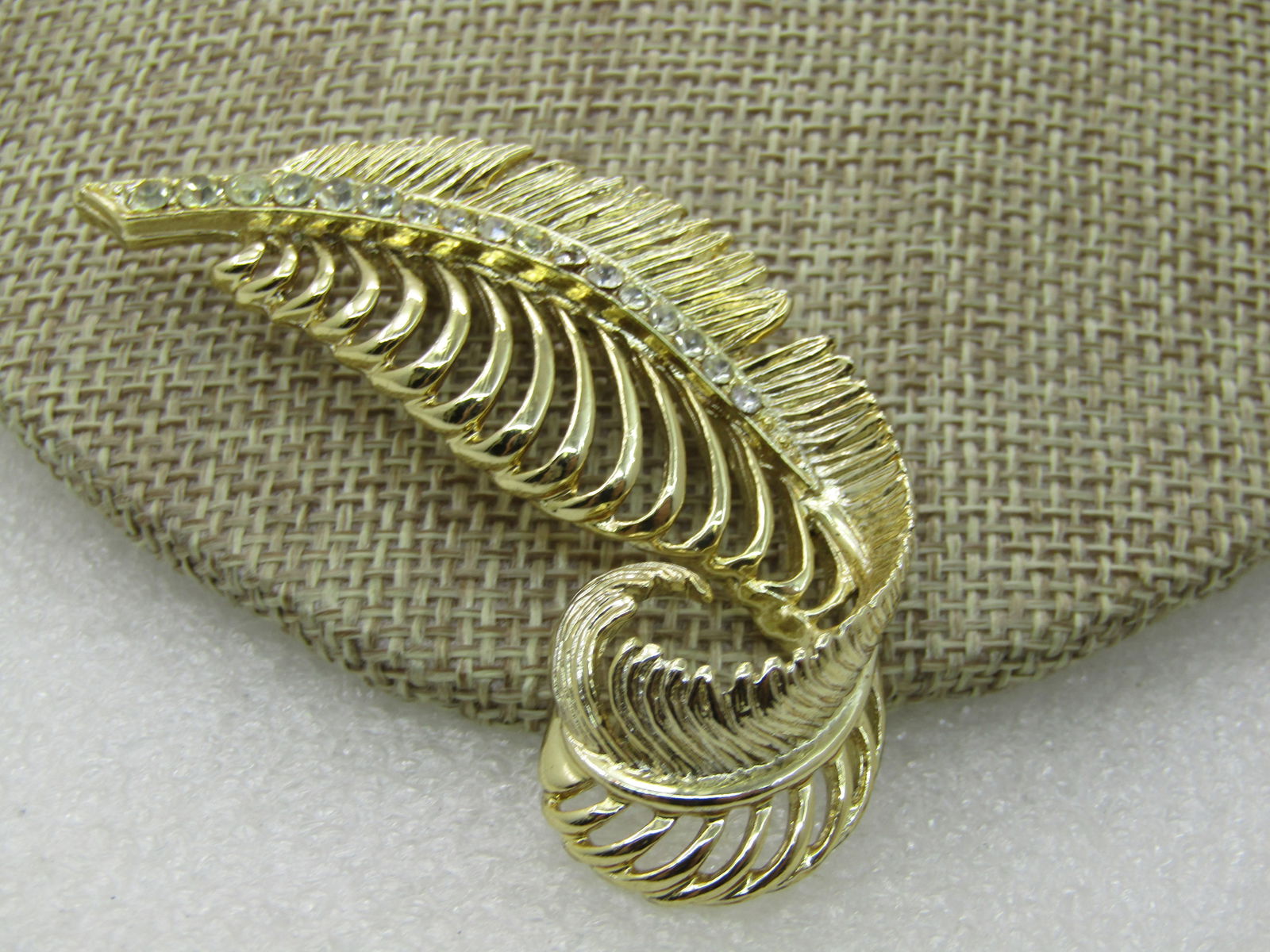 Vintage Curled Leaf Rhinestone Brooch, 2.5" - 2