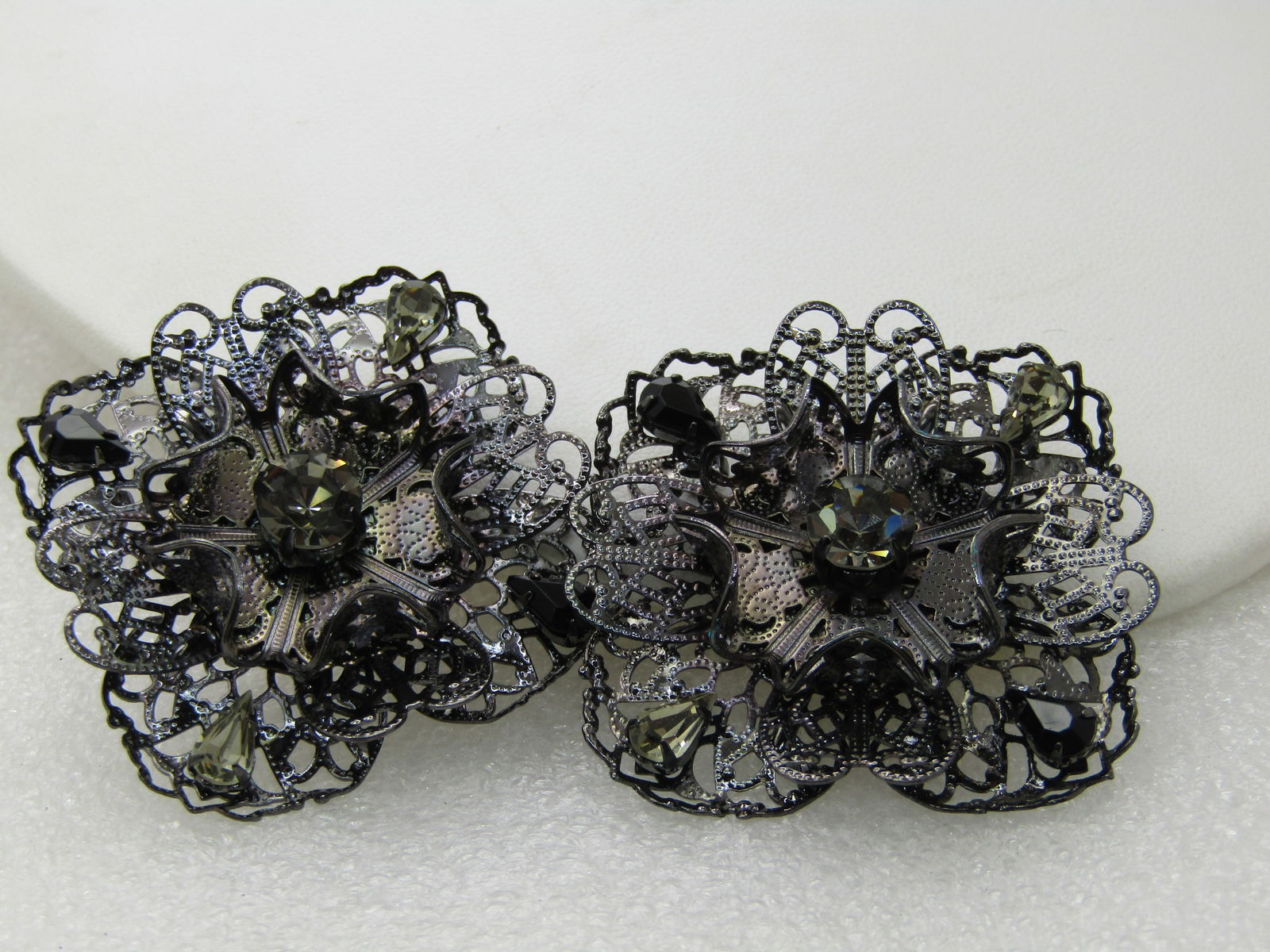 Pair Black Metal Filigree Rhinestone Brooches, Square, Smoky Stones, 1.75" - 2