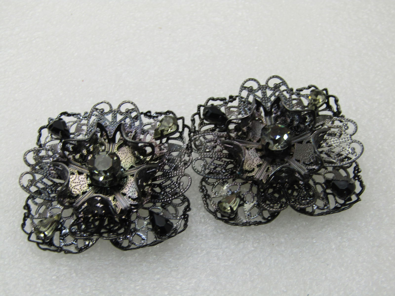 Pair Black Metal Filigree Rhinestone Brooches, Square, Smoky Stones, 1.75" - 4