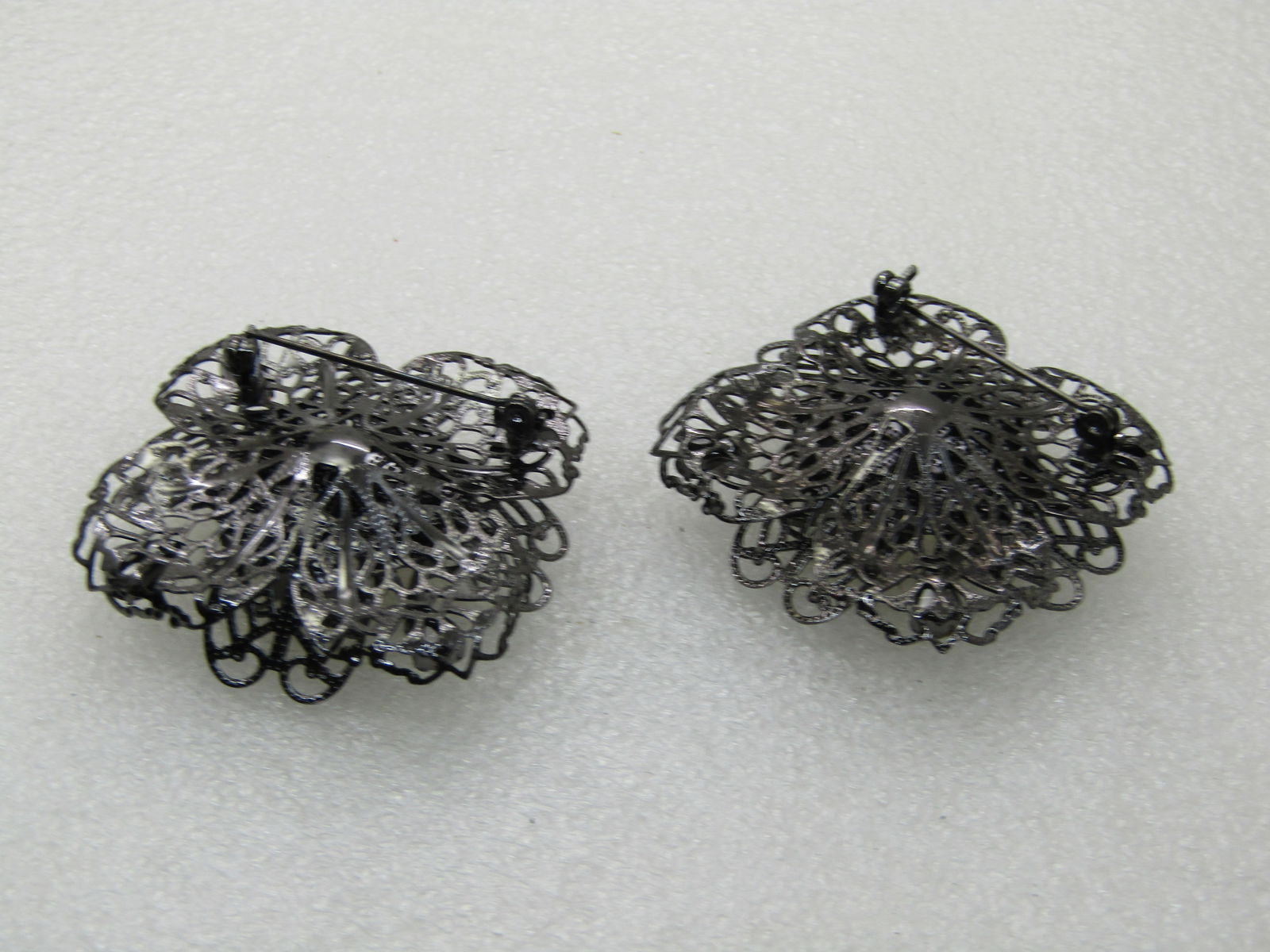 Pair Black Metal Filigree Rhinestone Brooches, Square, Smoky Stones, 1.75" - 5