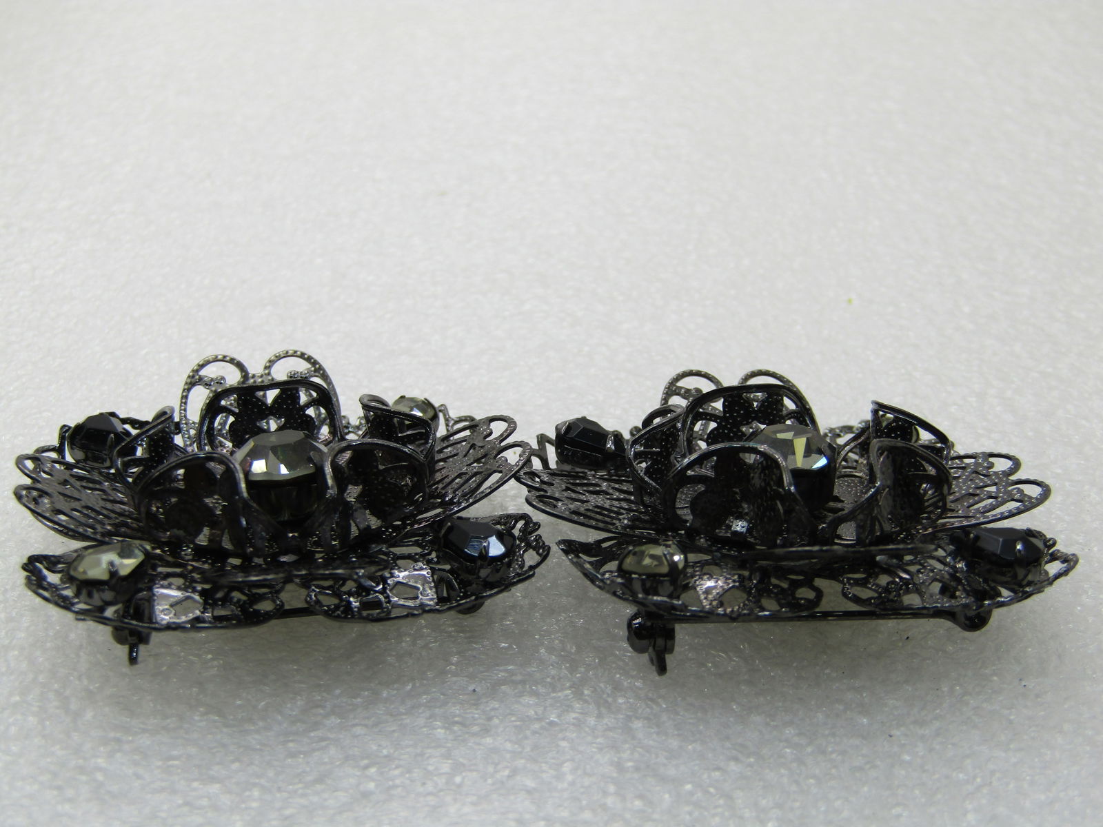 Pair Black Metal Filigree Rhinestone Brooches, Square, Smoky Stones, 1.75" - 6