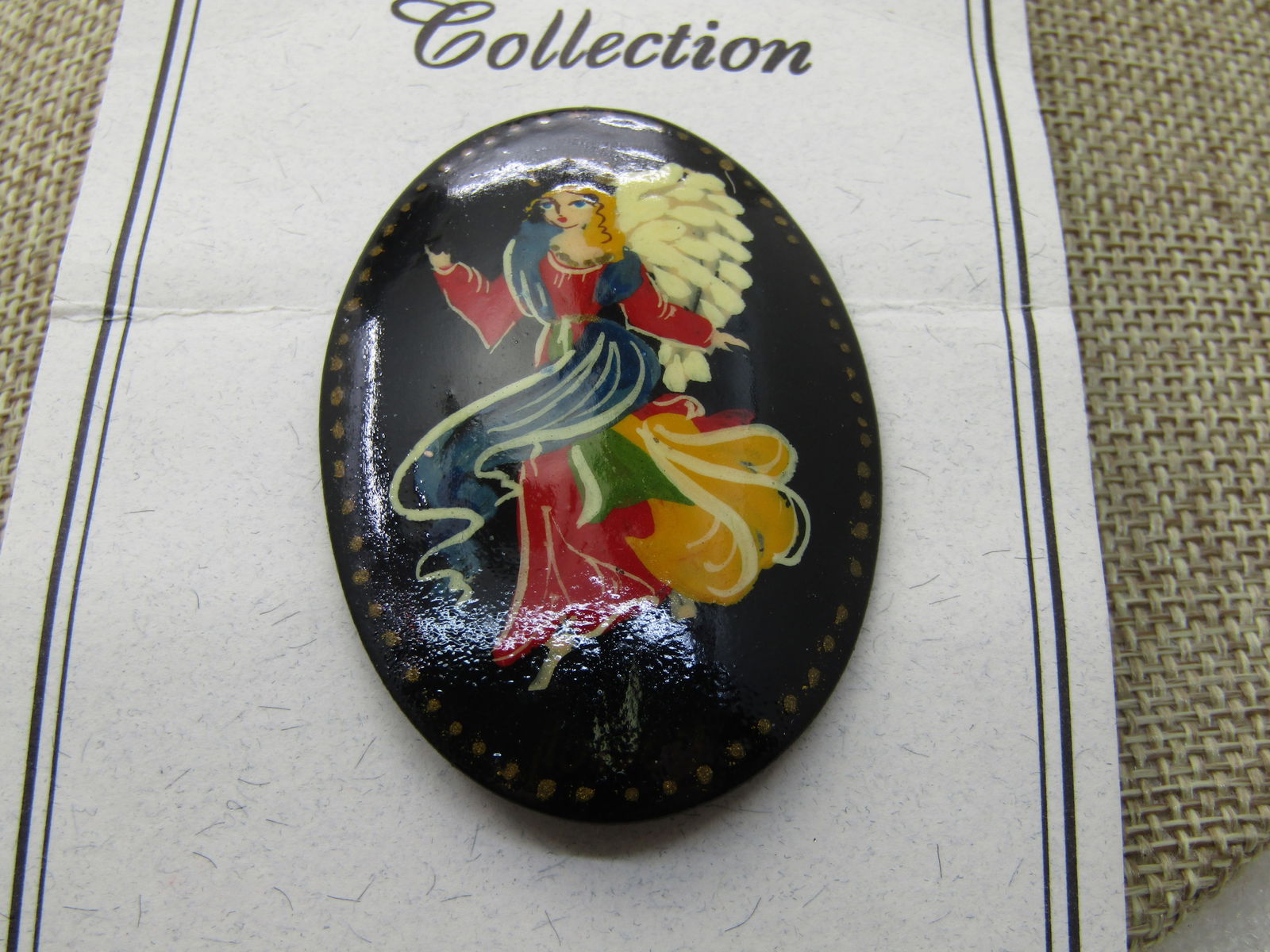 Vintage Russian Black Lacquered Angel Brooch, Oval 2.25" tall by 1.5", Vintage new on card. - 2
