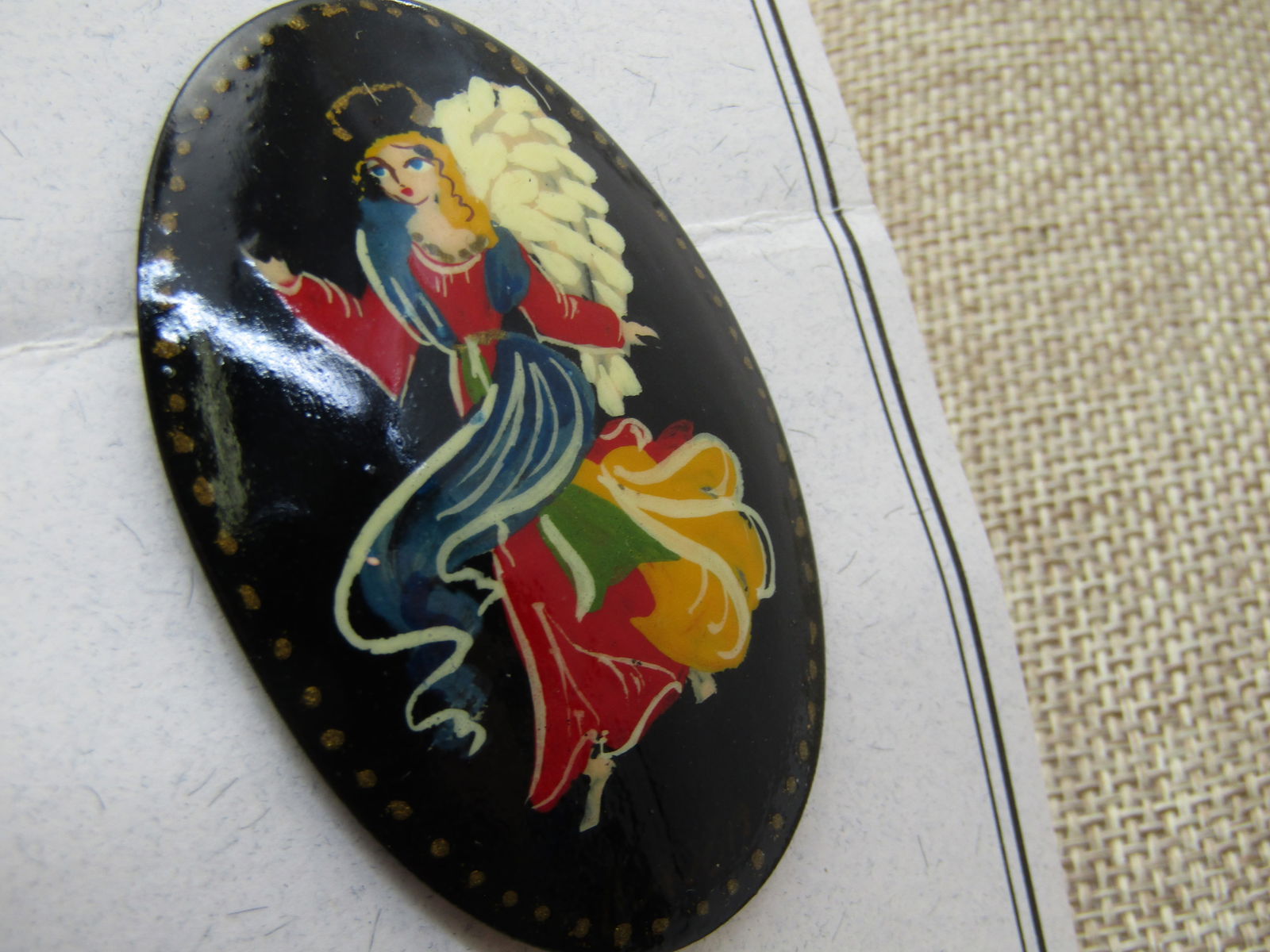 Vintage Russian Black Lacquered Angel Brooch, Oval 2.25" tall by 1.5", Vintage new on card. - 3