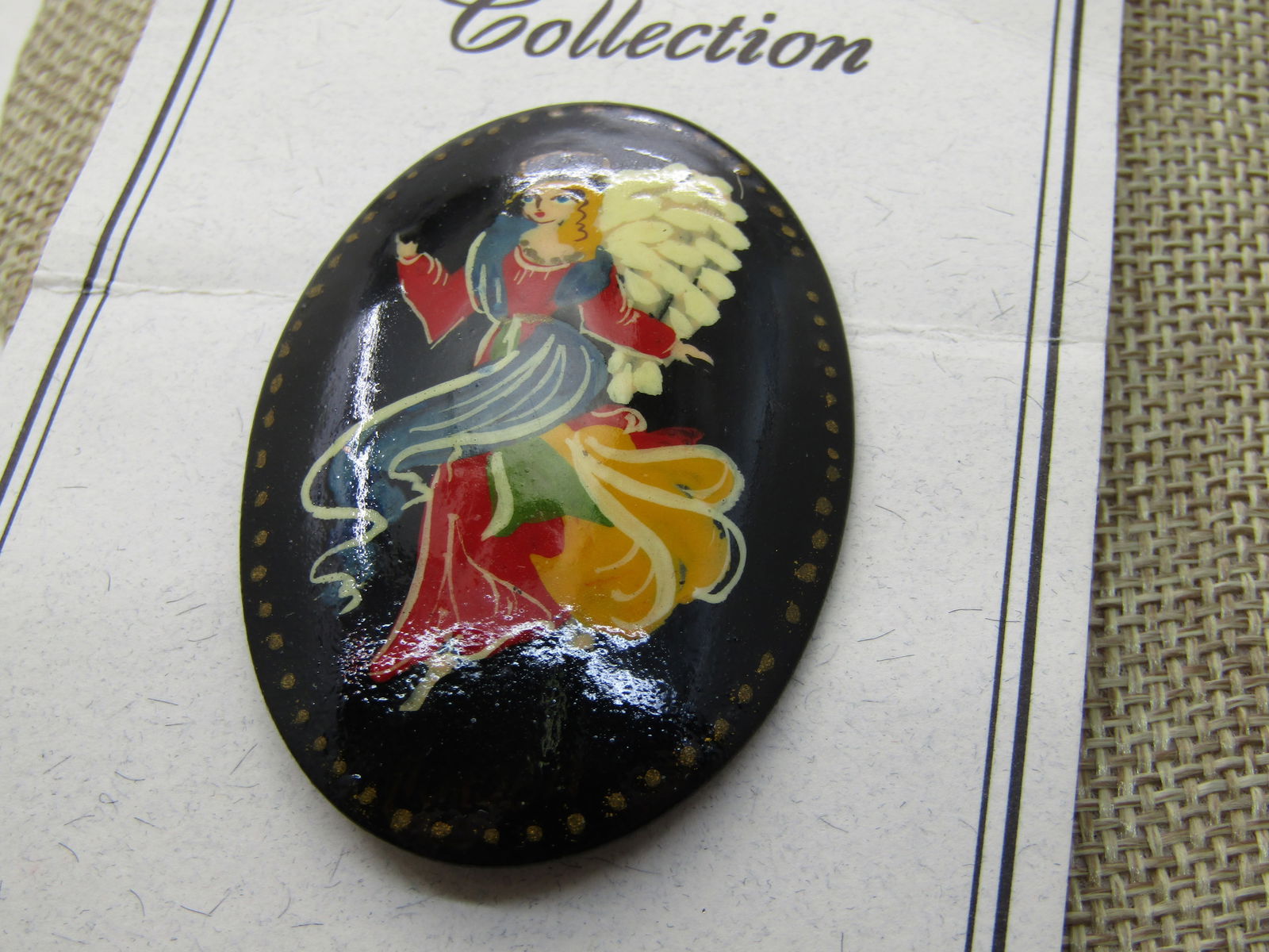 Vintage Russian Black Lacquered Angel Brooch, Oval 2.25" tall by 1.5", Vintage new on card. - 4