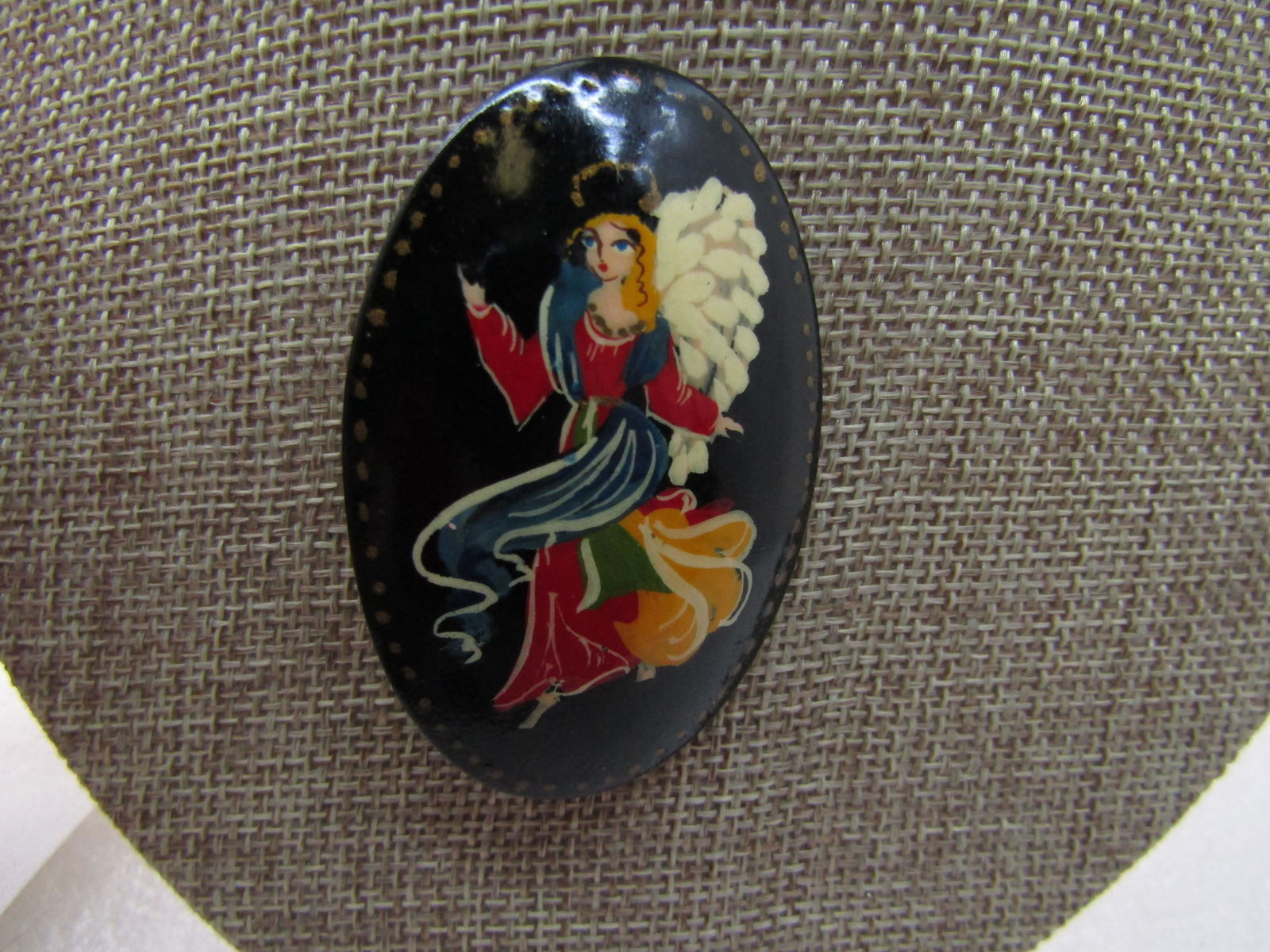 Vintage Russian Black Lacquered Angel Brooch, Oval 2.25" tall by 1.5", Vintage new on card. - 6