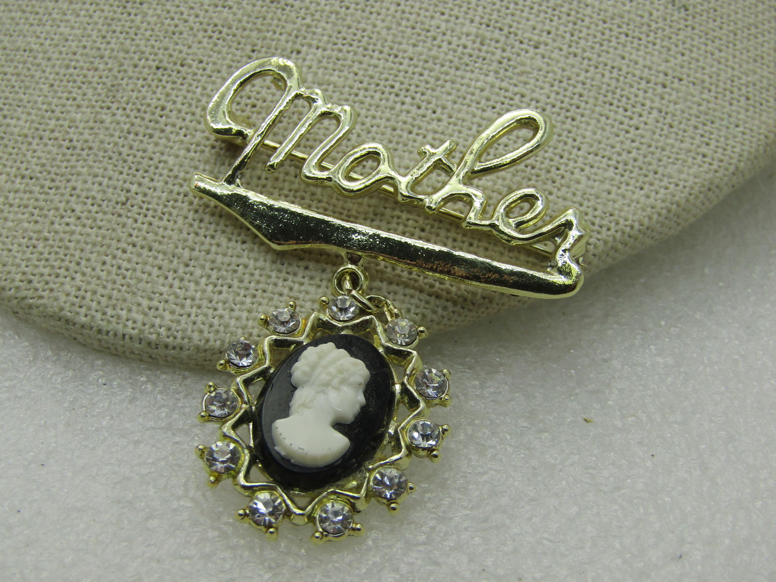 Vintage Mother Cameo Dangle Brooch, Rhinestones, 1960's - 2